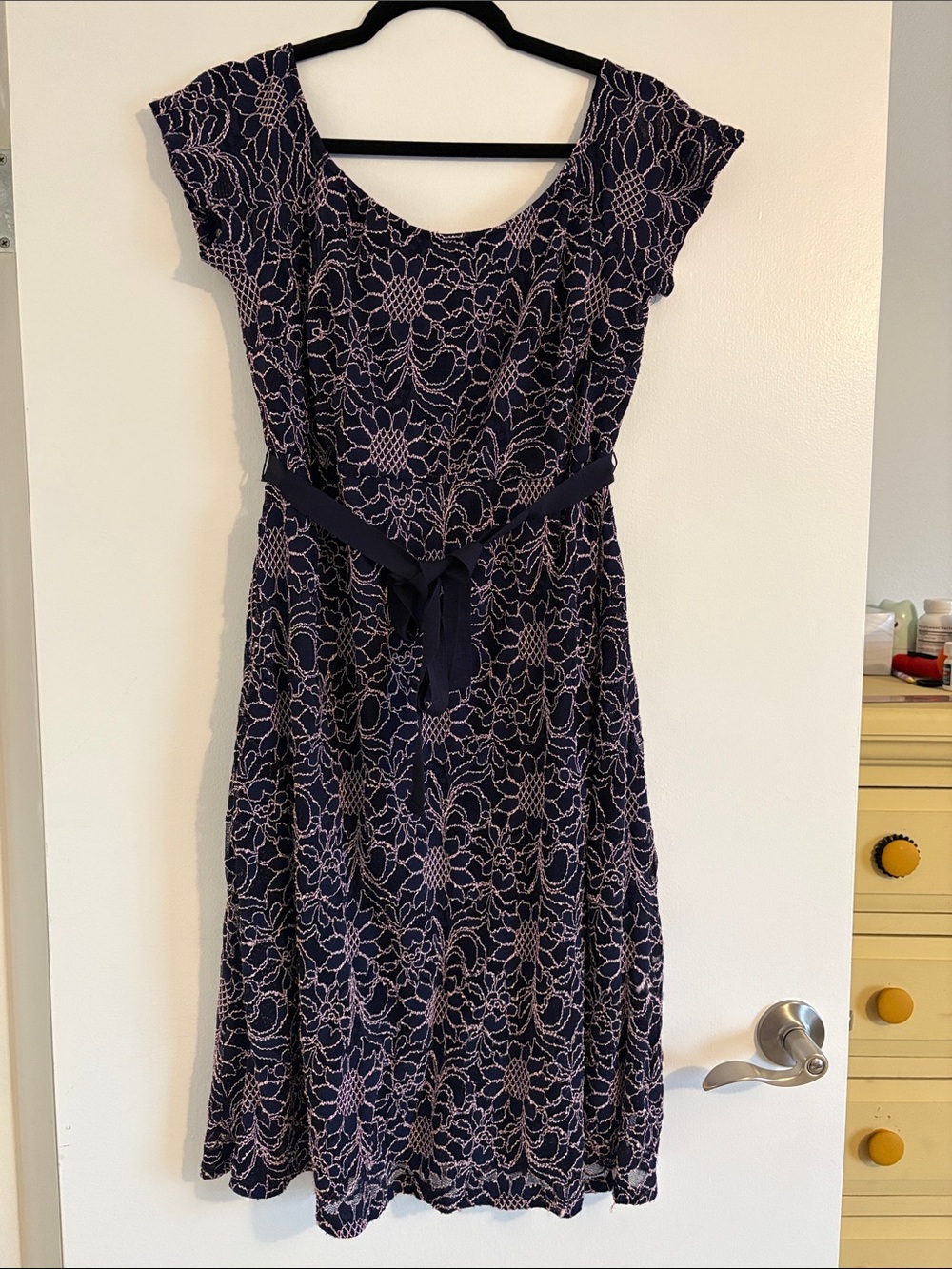 Motherhood maternity medium Navy Blue Floral Lace Overlay Dress with Belt